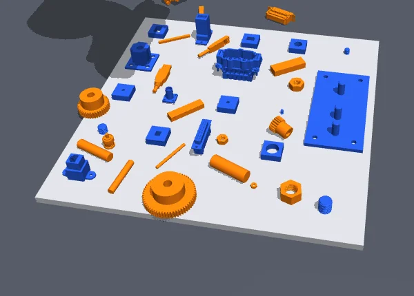 The 20 parts at random initial poses on the board.