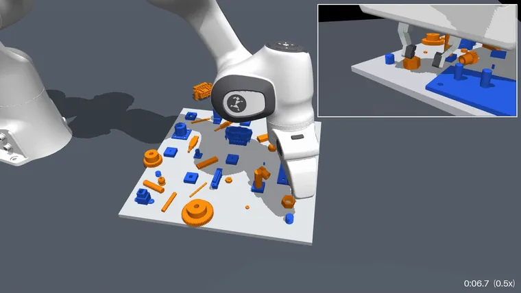 A simulated Franka arm assembling parts on the NIST Assembly Task Board