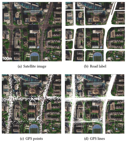 Satellite photographs, road labels, GPS points, and GPS density maps used for road extraction.