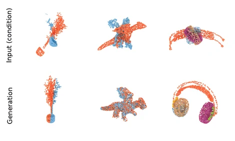 Rectified Point Flow assembles colored 3D point cloud parts into complete objects.