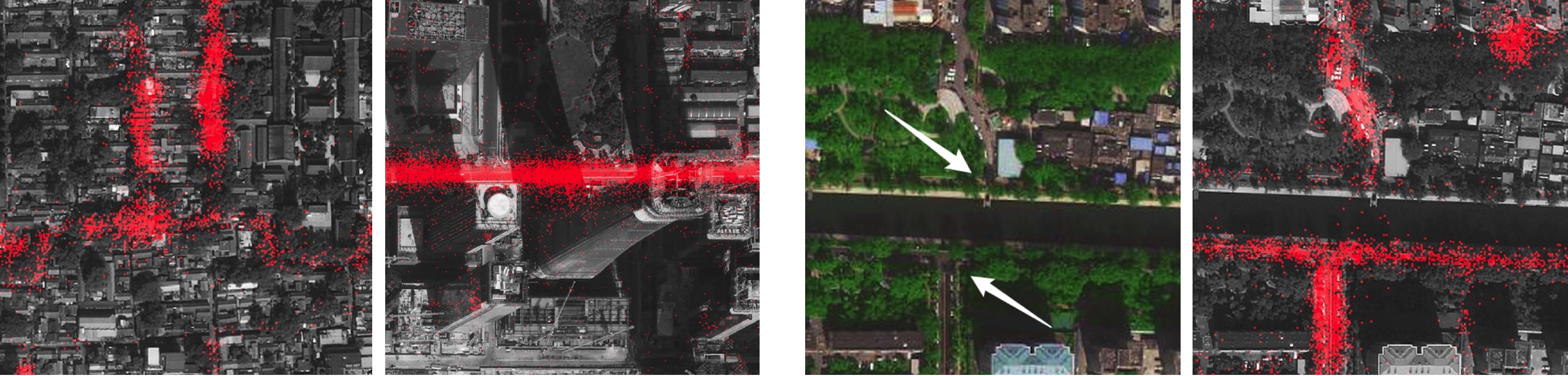 Crowdsourced GPS traces over aerial photographs help recover roads obscured by vegetation and buildings.
