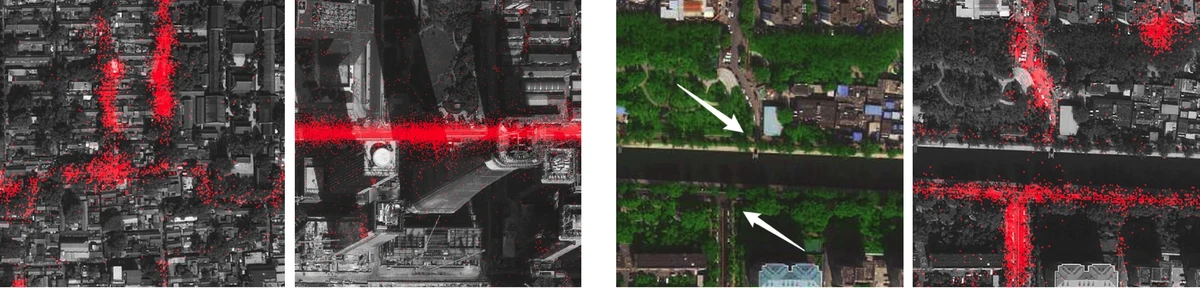 Crowdsourced GPS traces over aerial photographs help recover roads obscured by vegetation and buildings.